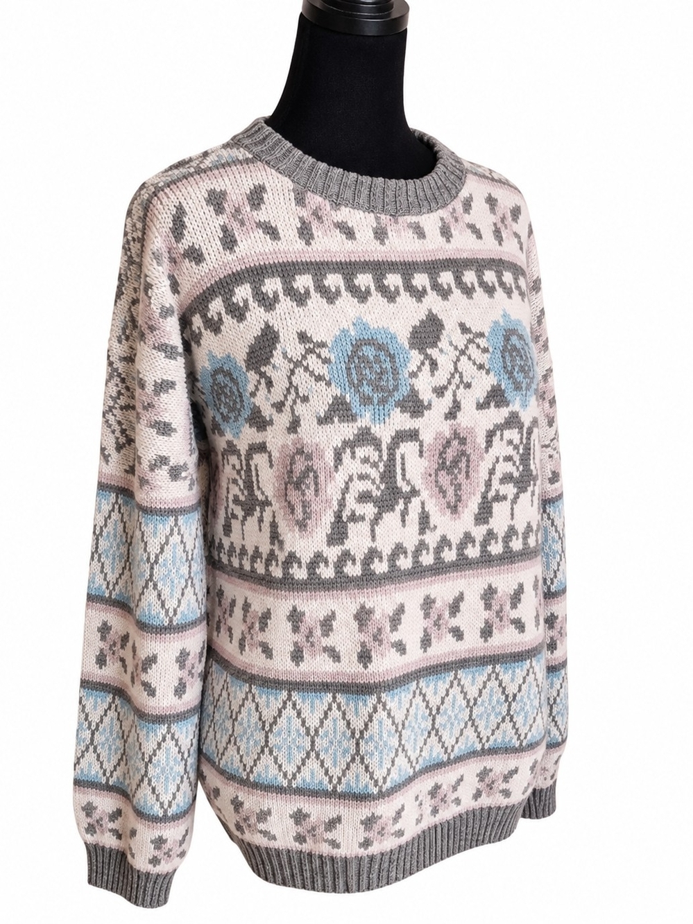 Men's Floral Fair Isle Crewneck Sweater - Gray, Blue, Pink